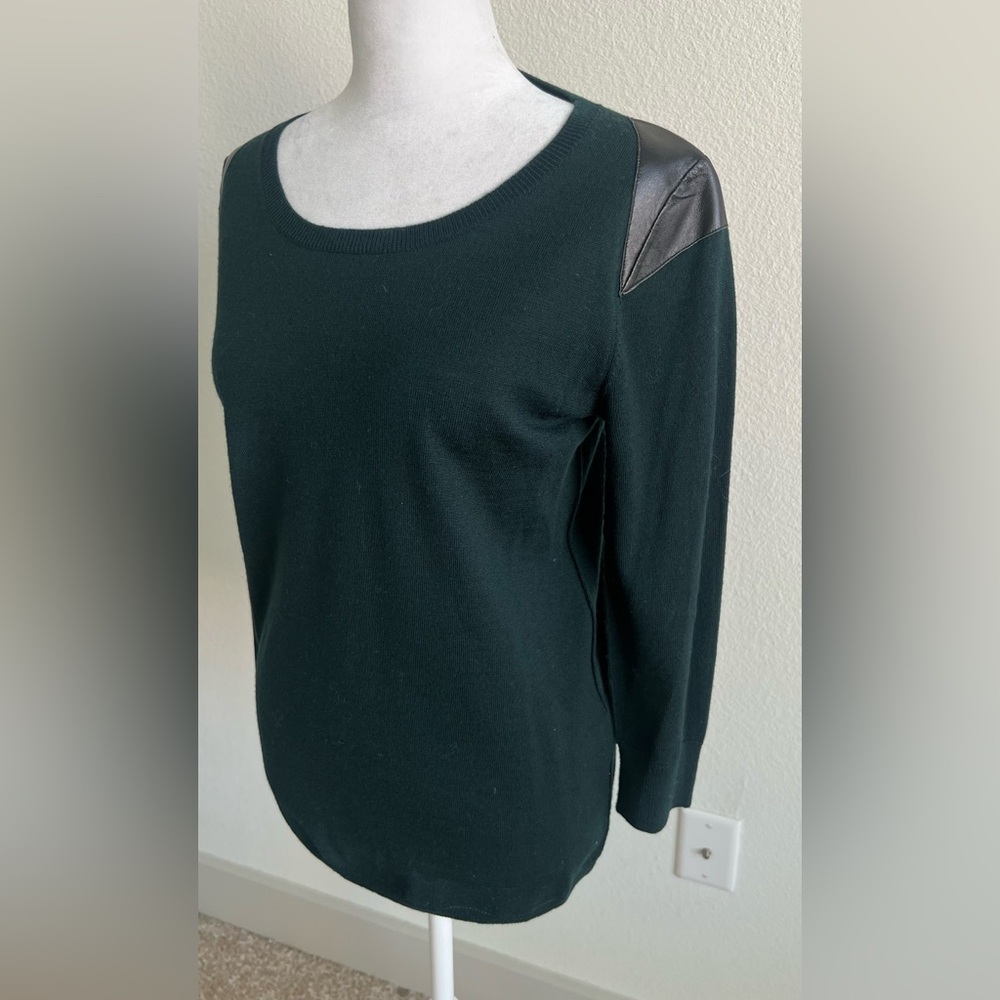 Sandro emerald green w/leather 100% merino wool Crew Neck Sweater
